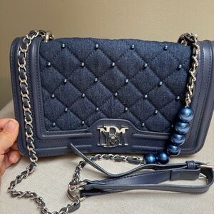 Badgley Mischka Denim Diamond Quilted Crossbody Bag Purse w/Faux Pearls